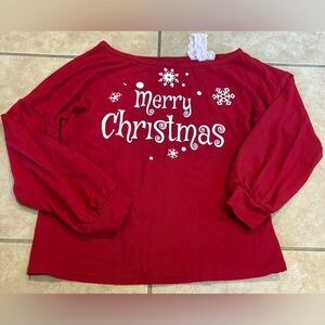 Red & White Off the Shoulder Merry Christmas Shirt with one Lace Strap. Size: S